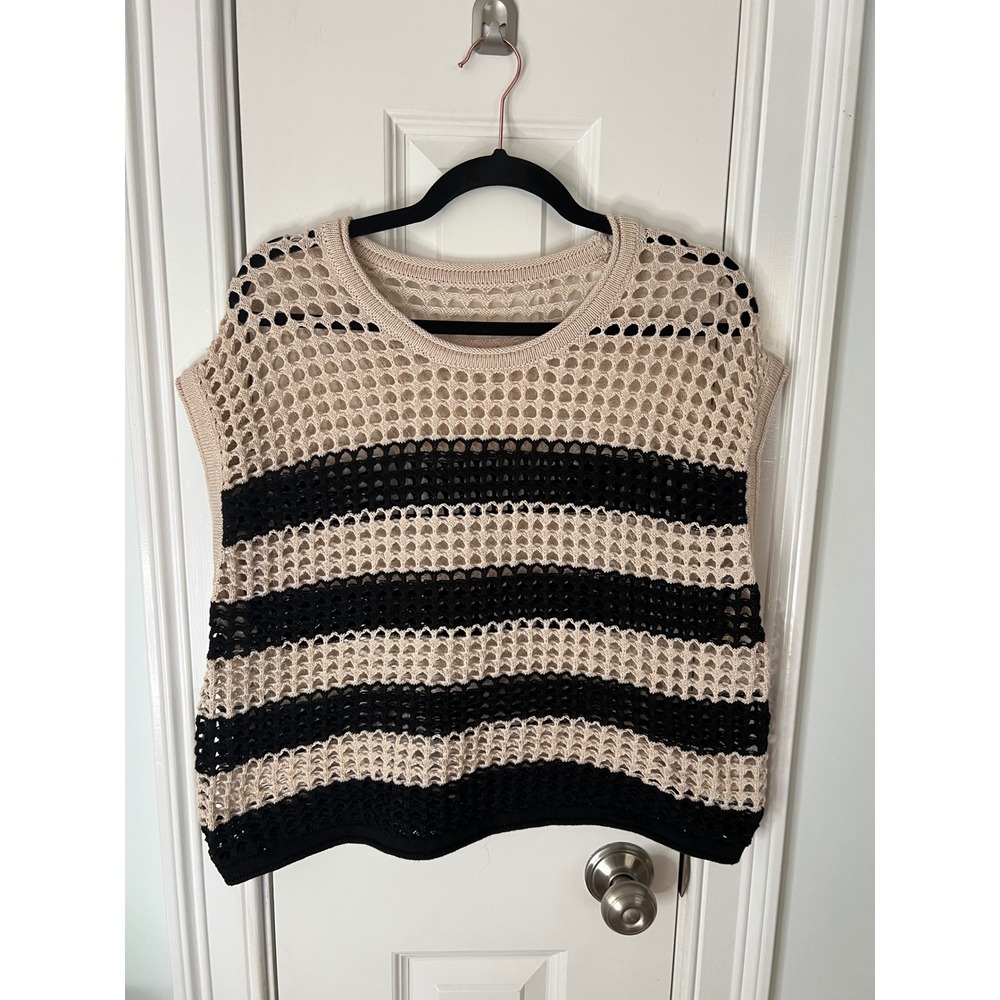Womens Striped Crochet Knit Sweater Vest Tan Black Open Knit Cap Sleeve Top